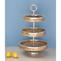 25" Brown Wood  & Aluminum 3-Tier Tray Stand