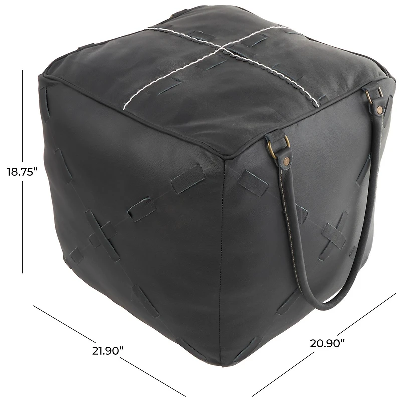 22" Leather Pouf with Woven Straps & Handles