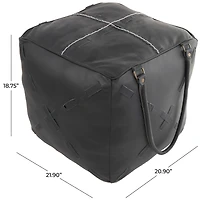 22" Leather Pouf with Woven Straps & Handles