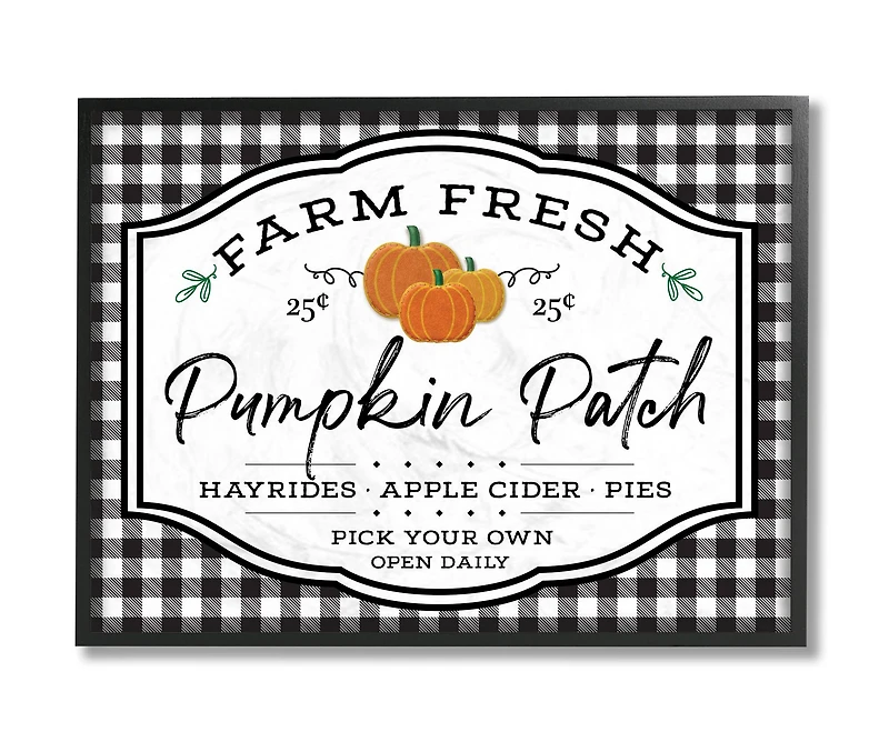 Stupell Industries Farm Fresh Pumpkin Patch Sign Black Checkered Plaid Framed Wall Art
