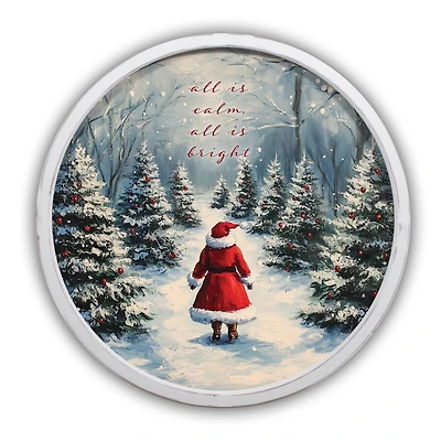 Santa Snowy Forest 20" x 20" Round White Framed Print