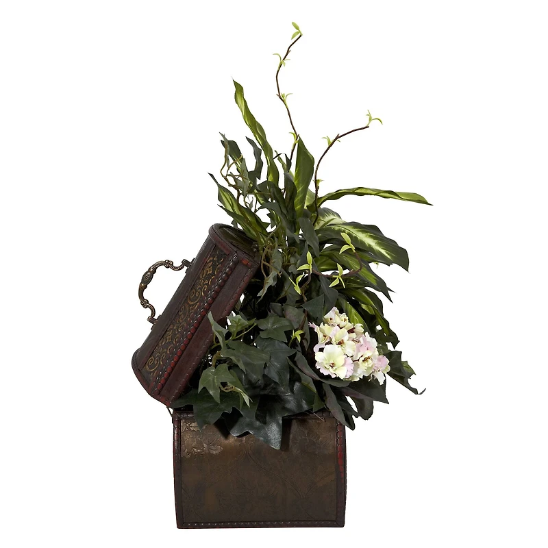 20" African Violet, Dumb Cane & Ivy in Decorative Chest