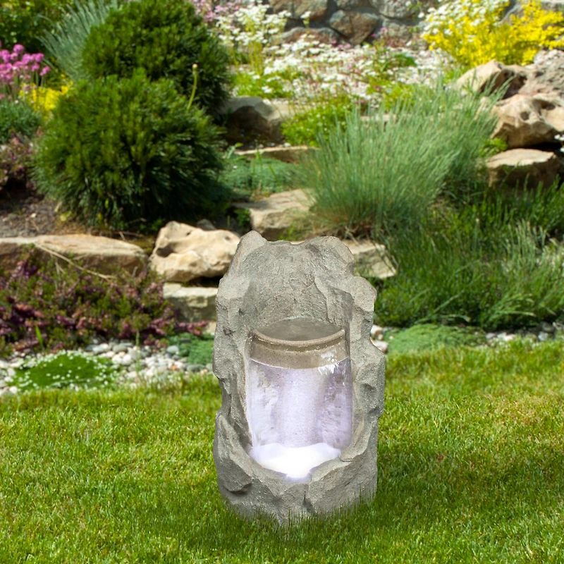 25" Gray LED Raised Stone Basin Outdoor Garden Water Fountain
