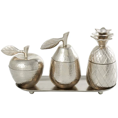 Silver Fruit Decorative Jars with Matching Leaf Tray Set