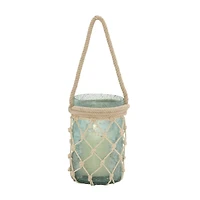 Aquamarine Glass Coastal Candle Holder Lantern, 16" x 5" x 5"