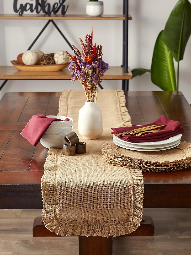 DII® Natural Ruffle Trim Jute Table Runner, 14x108 inch