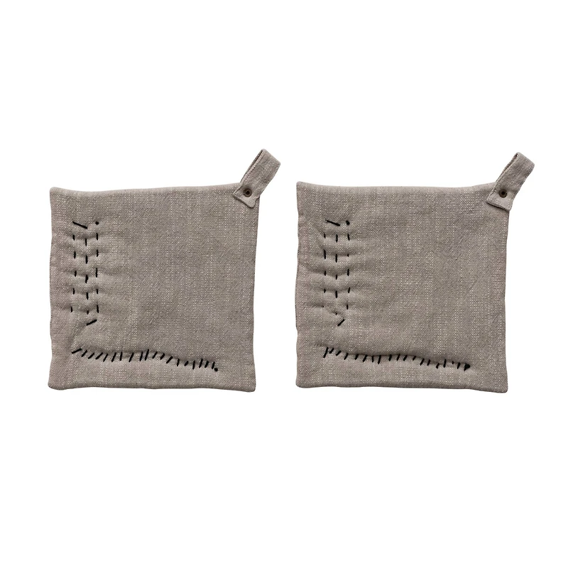 Hello Honey® 8" Square Cream & Black Cotton Slub-Printed Potholder Set for Cooking & Kitchenware