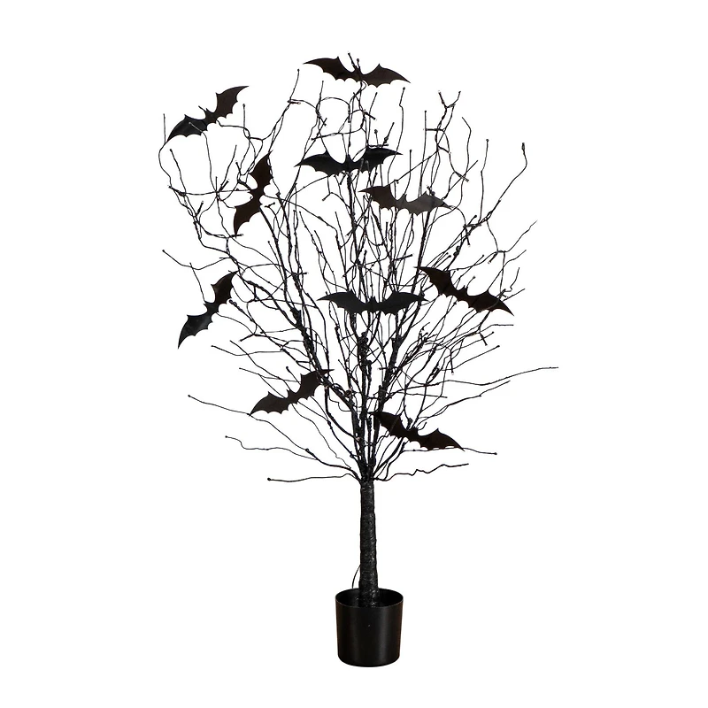 4ft. Pre-Lit Artificial Halloween Black Twig Tree with Bats and 50 Orange LED Lights