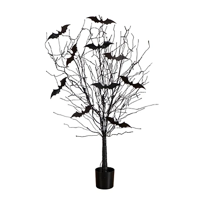 4ft. Pre-Lit Artificial Halloween Black Twig Tree with Bats and 50 Orange LED Lights
