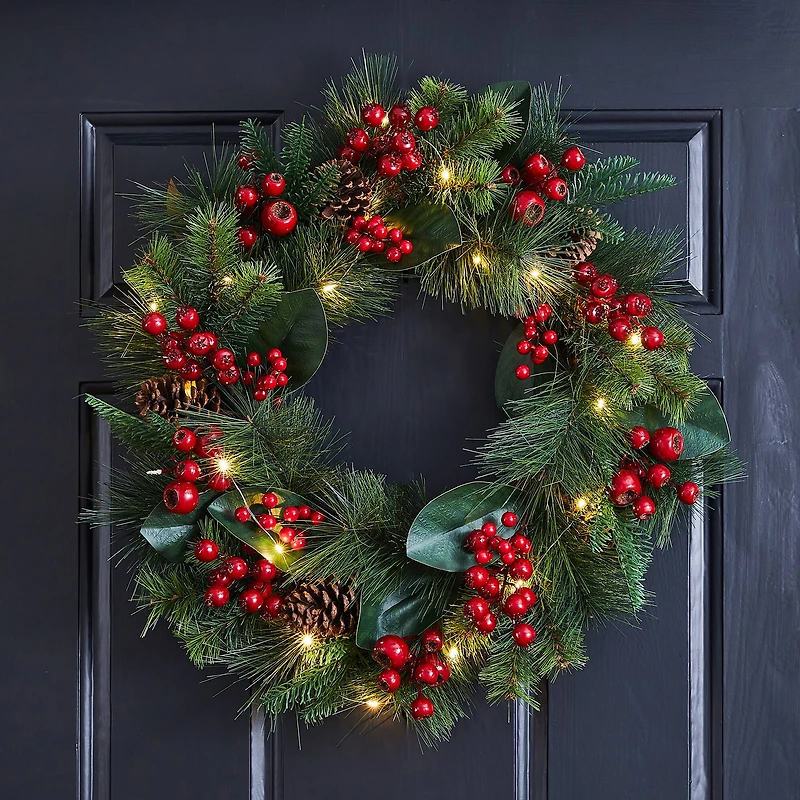 Glitzhome® 24" Pre-Lit Berry, Magnolia Leaf & Pinecone Wreath