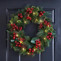Glitzhome® 24" Pre-Lit Berry, Magnolia Leaf & Pinecone Wreath