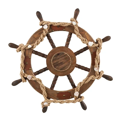 Brown Wood Ship Wheel Handmade Wall Décor with Rope and Shell Accents