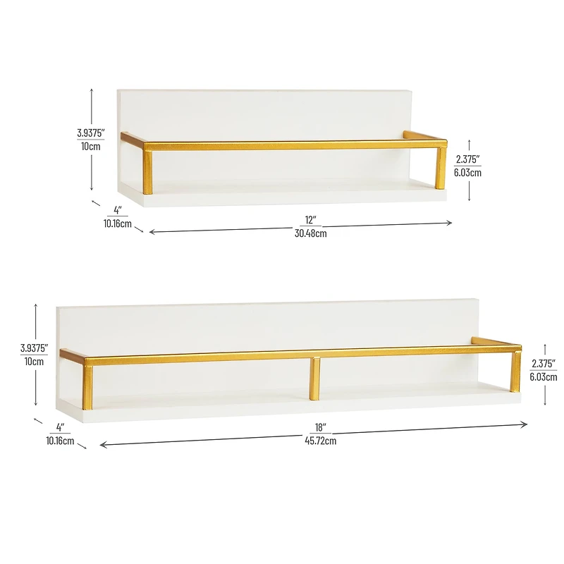 Mind Reader Floating Shelves, Wall-Mounted Office Organizers, Modern MDF Display Storage with Metal Rail, Metal. MDF, Set of 2, White