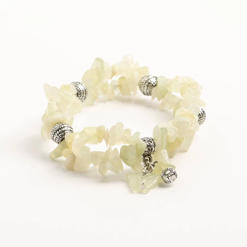 John Bead New Jade Light Green Natural Stone 2-Strand Bracelet with Butterfly Charm
