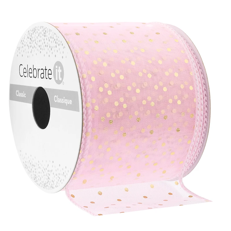 2.5" x 3yd. Wired Pink & Gold Dotted Ribbon by Celebrate It™ Classic