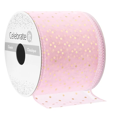2.5" x 3yd. Wired Pink & Gold Dotted Ribbon by Celebrate It™ Classic