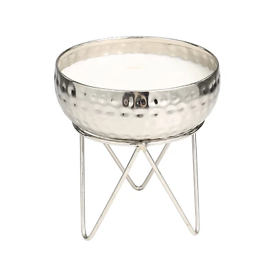 White Wax Campfire Scented Candle with Hammered Silver Container and Tripod Stand