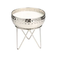 White Wax Campfire Scented Candle with Hammered Silver Container and Tripod Stand