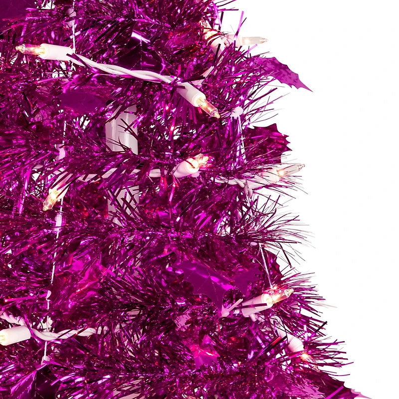 6ft. Pre-Lit Pink Tinsel Pop-Up Artificial Christmas Tree, Clear Lights