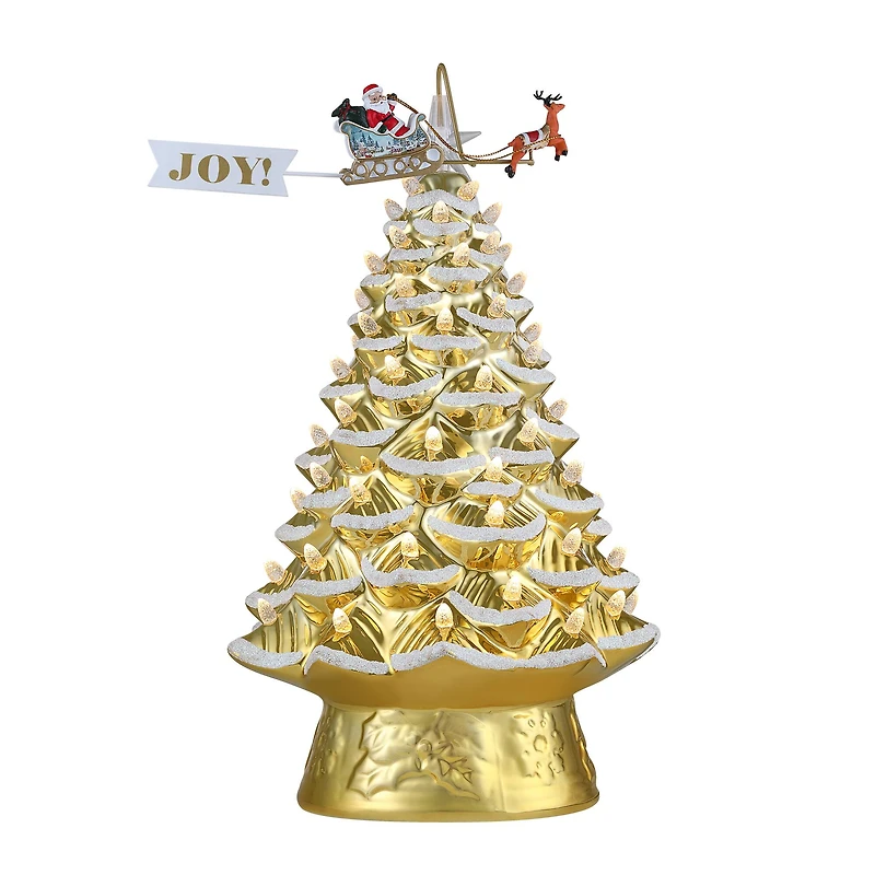 90th Anniversary Collection Gold 16" Ceramic LED Tree with Animated Santa's Sleigh