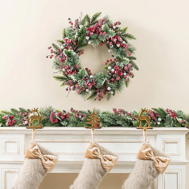 Glitzhome® 24"D Christmas Red Pomegranate Berry & Holy Leaf Wreath