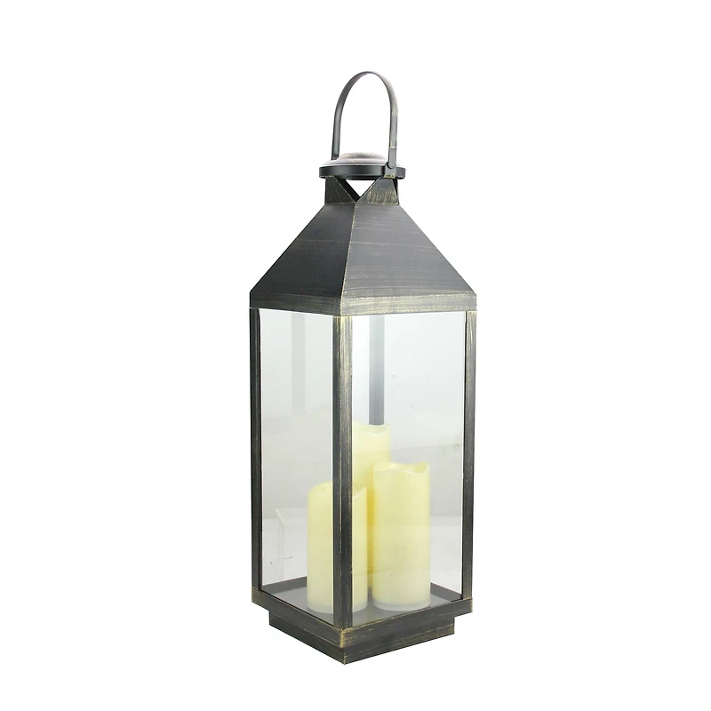 24" Gold Brushed Black Candle Lantern with 3 Flameless LED Candles
