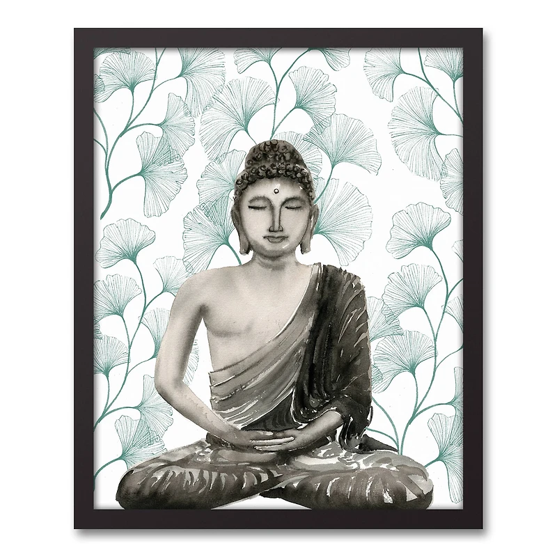 Sitting Buddha on Gingko Black Framed Wall Canvas