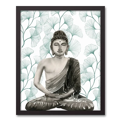 Sitting Buddha on Gingko Black Framed Wall Canvas