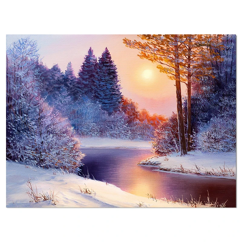 Designart Christmas Forest with River Landscapes Canvas Art