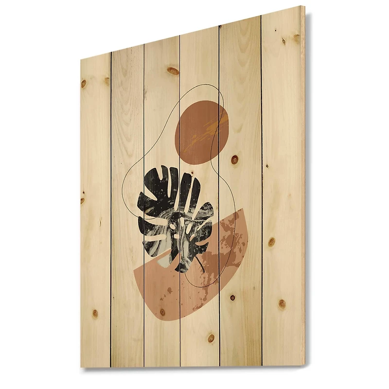 Designart - Abstract Shapes & Tropical Monstera Leaves - Modern Print on Natural Pine Wood