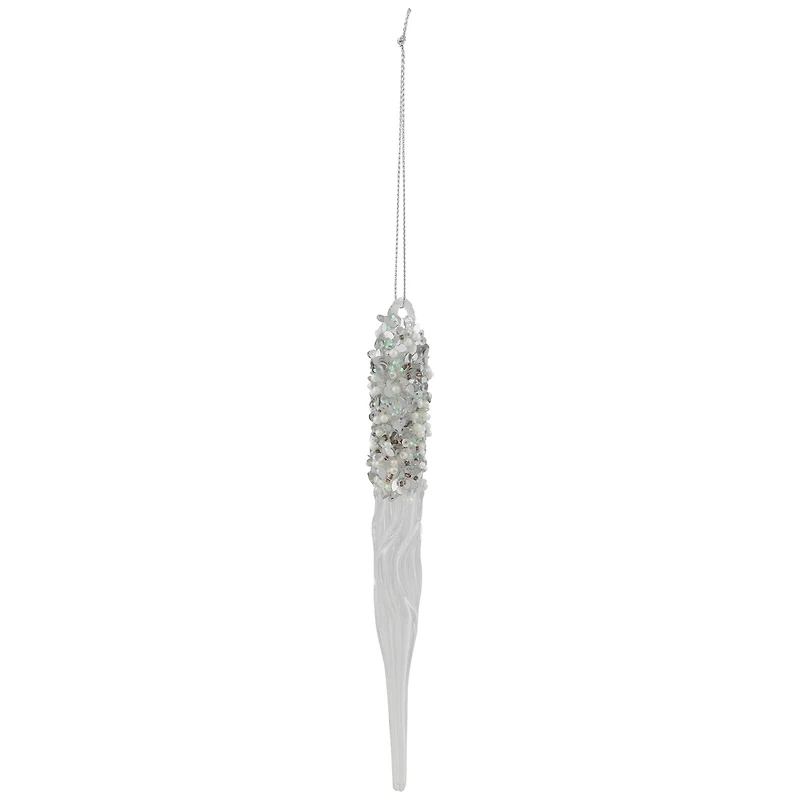 Sequined and Beaded Icicle Glass Christmas Ornament - 9" - Clear