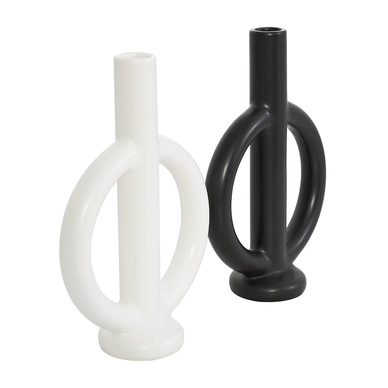CosmoLiving by Cosmopolitan 10" Black & White Ceramic Geometric Ring Taper Candle Holder Set