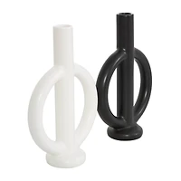 CosmoLiving by Cosmopolitan 10" Black & White Ceramic Geometric Ring Taper Candle Holder Set
