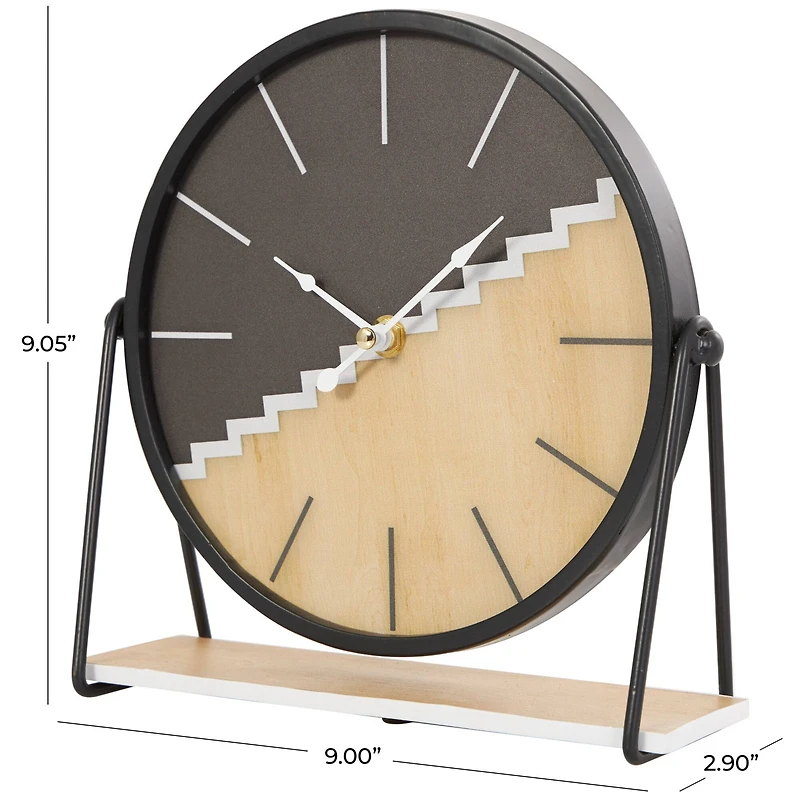 9" Black Metal Geometric Clock with Faux Wood Accents