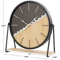 9" Black Metal Geometric Clock with Faux Wood Accents
