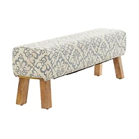 50" Cream Fabric Arabesque Scroll Bench with Wood Legs