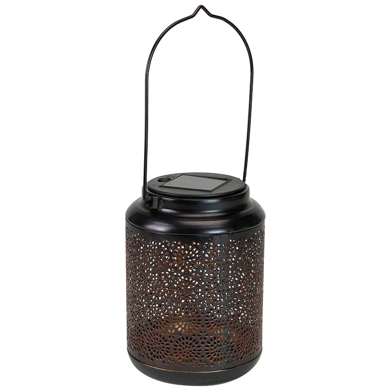 7" Black Outdoor Integrated Floral LED Solar Lantern with Handle