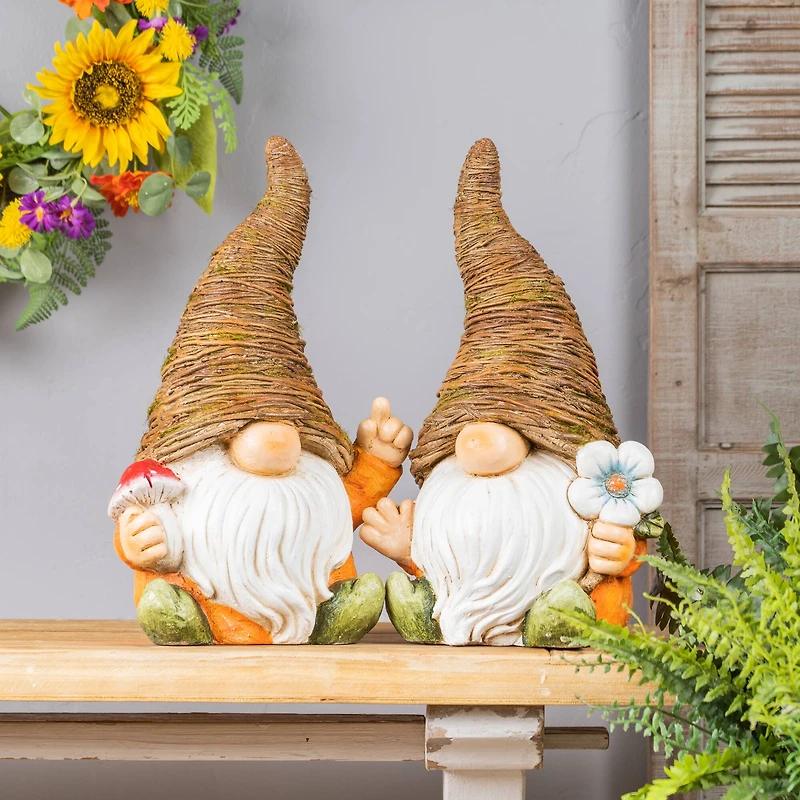 16.5" Distressed Garden Gnomes with Mushroom & Flower Statue Set