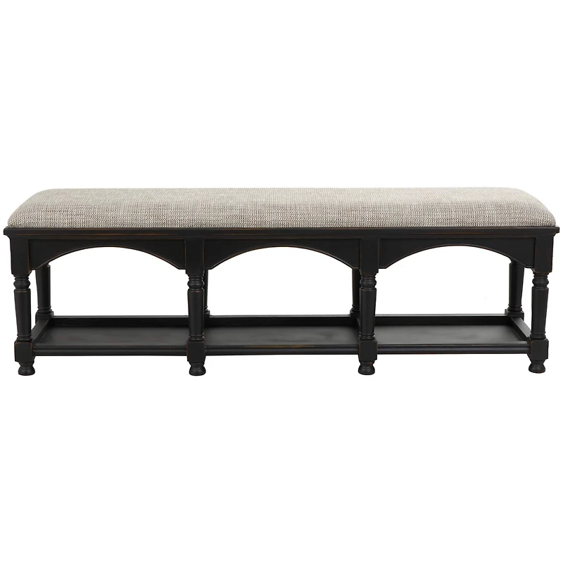 59" Black & Beige Fabric Arched Storage Bench with Traditional Turned Legs