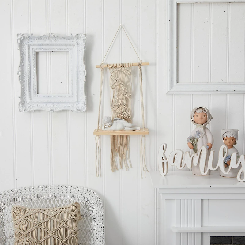 24" Boho Chic Wood Macrame Shelf