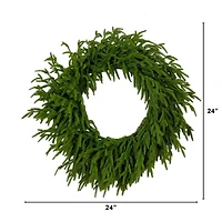 24in. Pre-Lit Artificial Real Touch Norfolk Island Pine Wreath with 50 Warm White LED Lights and Natural Look