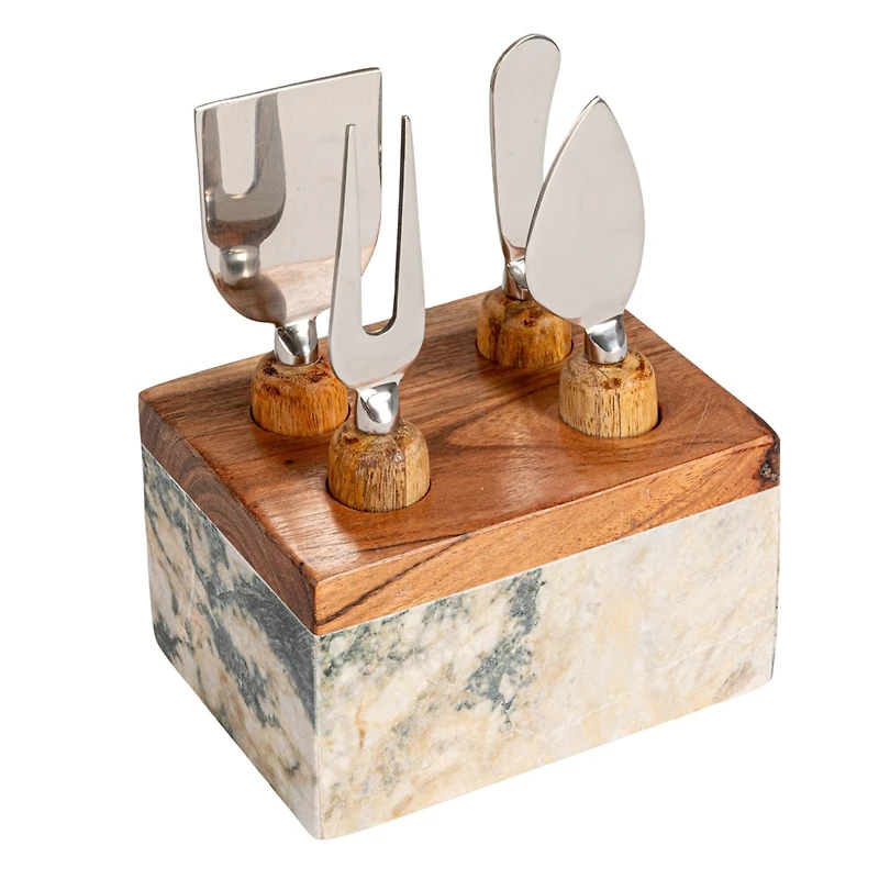 Hello Honey Black Marble Cheese Server Set with Mango Wood Stand
