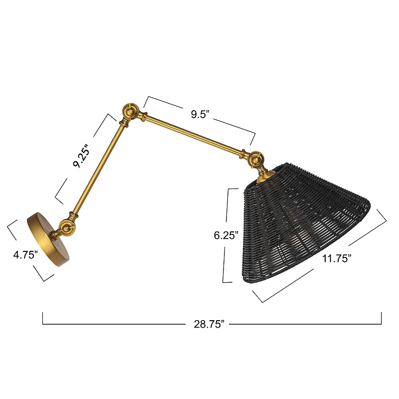 Hello Honey® 28.9" Adjustable Antique Brass Finish Wall Sconce with Black Rattan Shade