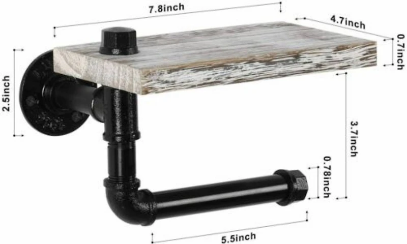 Industrial Wall-Mounted Rustic Toilet Paper Holder with Wood Shelf
