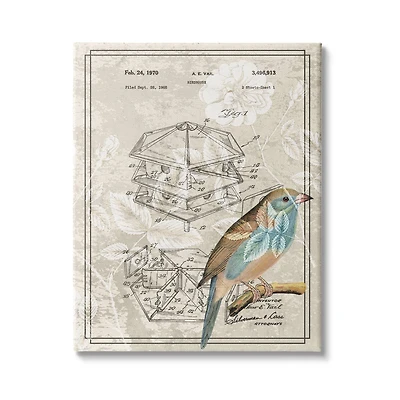 Stupell Industries Vintage Bird House Patent Design Figure Eastern Bluebird Canvas Wall Art