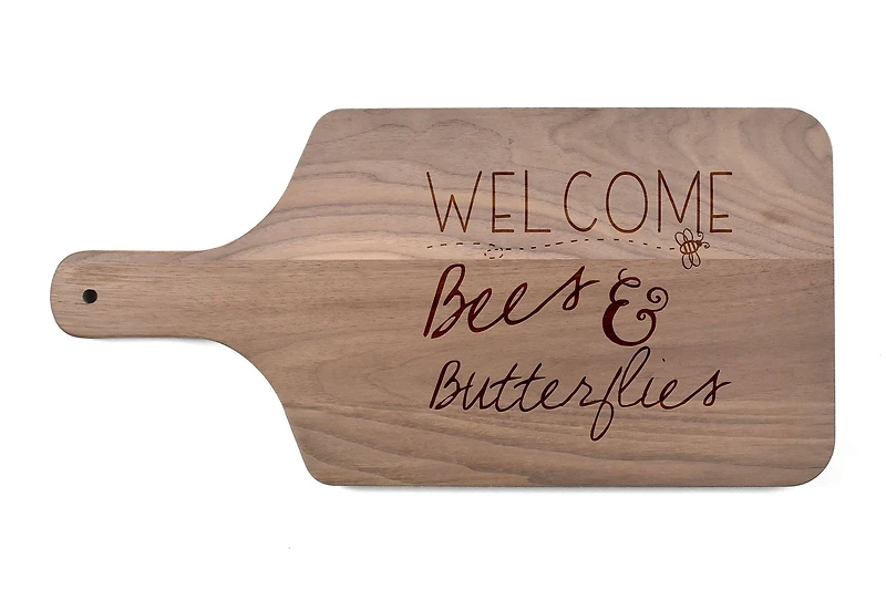 Welcome Bees & Butterflies Walnut Paddle Cutting Board