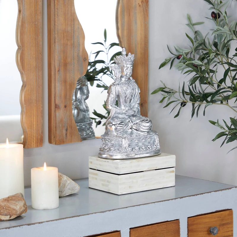 Silver Resin Bohemian Buddha Sculpture, 12" x 8" x 5"