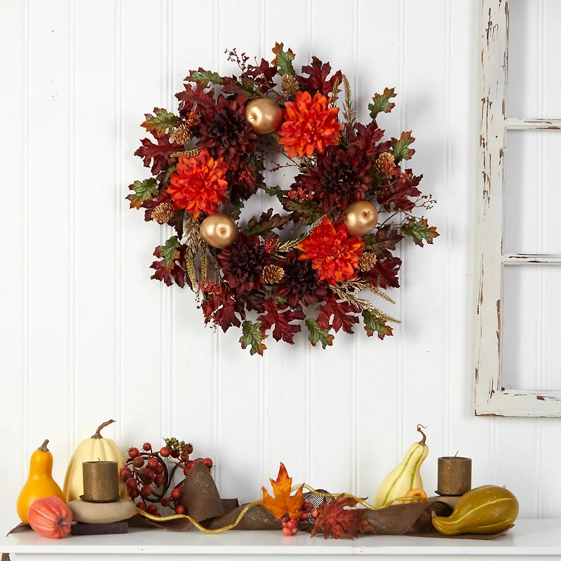 24" Fall Dahlia, Golden Apple, Oak Leaf & Berries Autumn Artificial Wreath