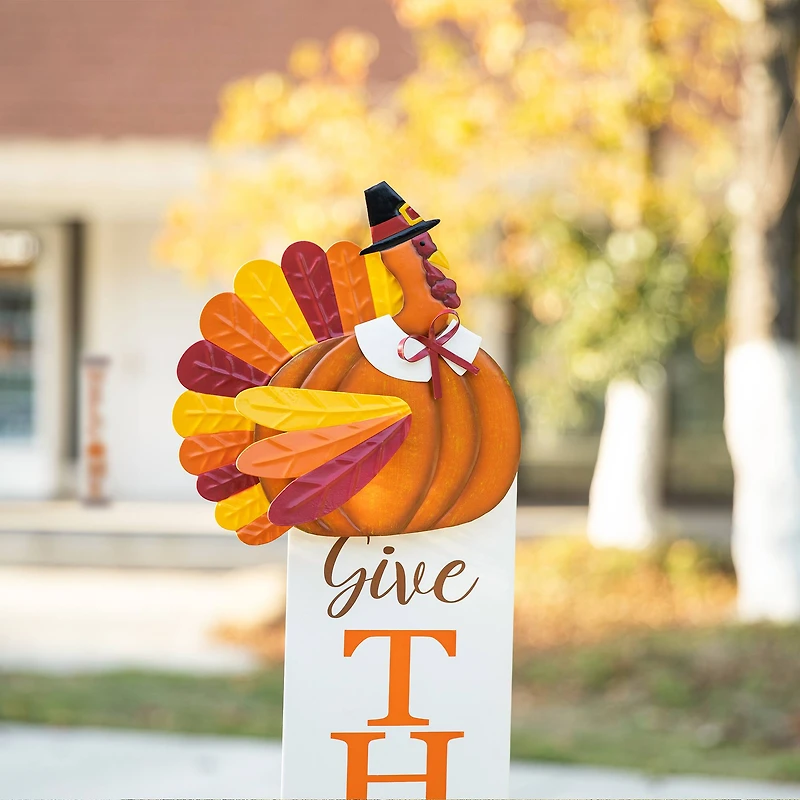 Glitzhome® 36" Thanksgiving Metal Turkey "Give Thanks" Yard Stake