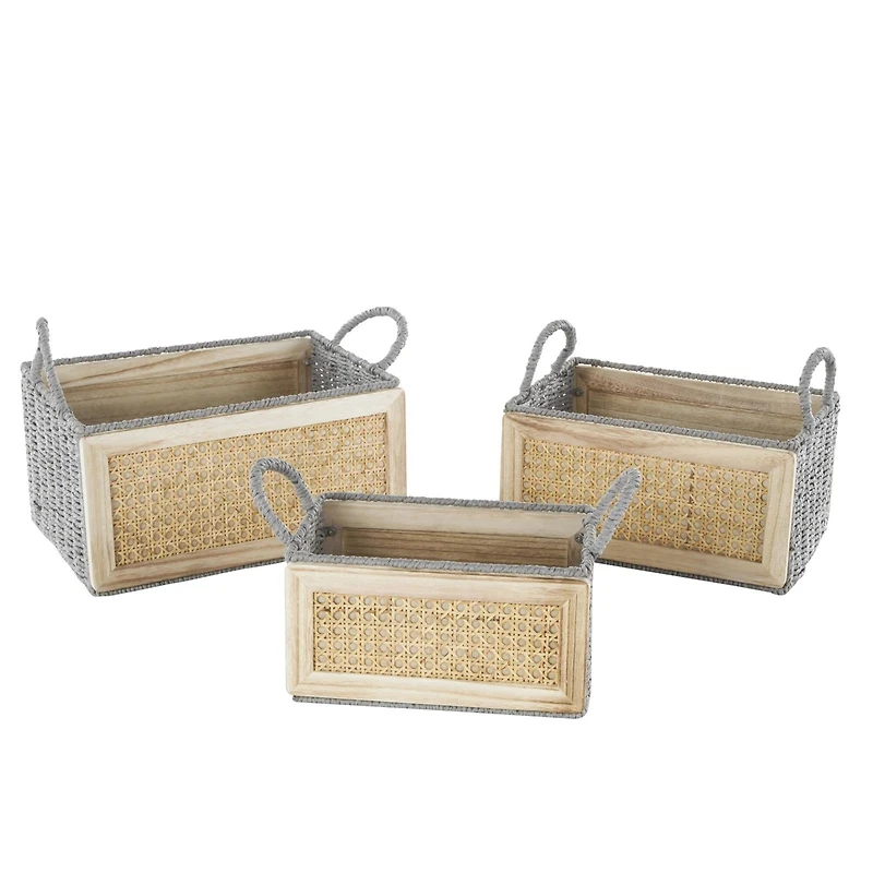 Light Brown Rattan Woven Basket with Gray Rope Handles, 3ct.